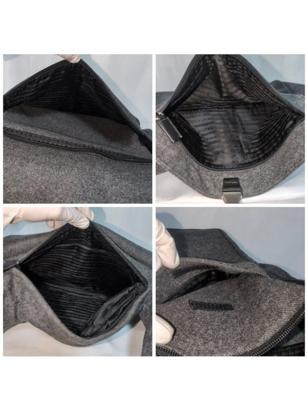 Prada Wool Triangle Logo Gray Messenger Bag Length Adjustable